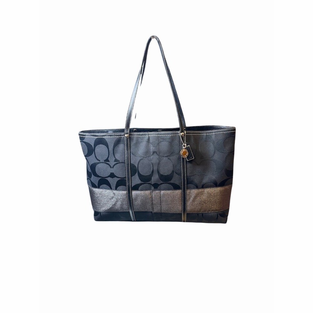 Coach Vintage Signature Black With Silver Stripe Tote Bag Large